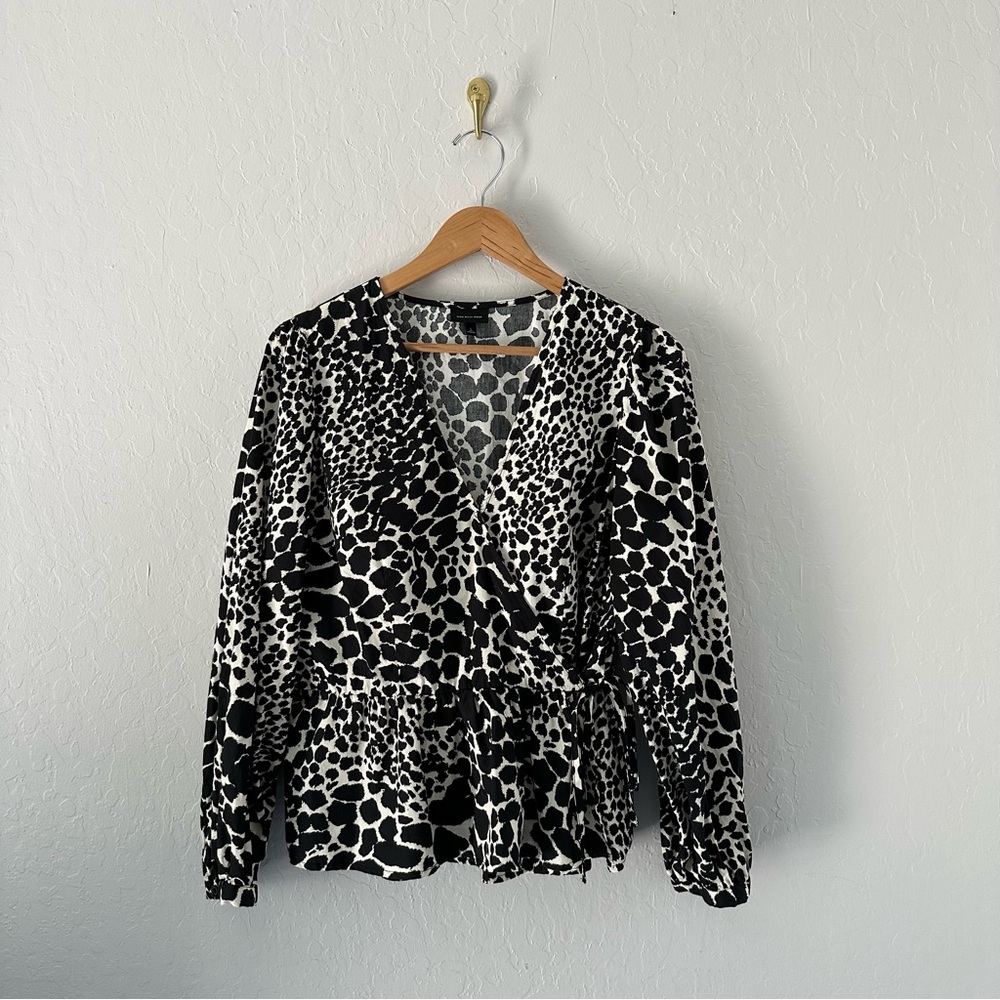 Who What Wear Black and White Wrap Blouse